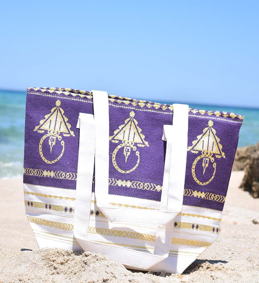 Sac de plage khlela blanc crème et violet Fouta Tunisia - 1
