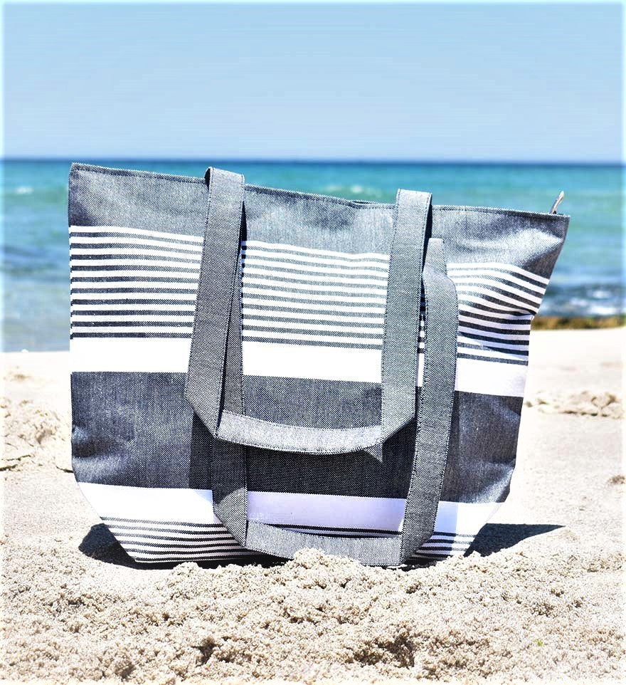 Sac de plage arthur bleu jean foncé et blanc Fouta Tunisia - 2