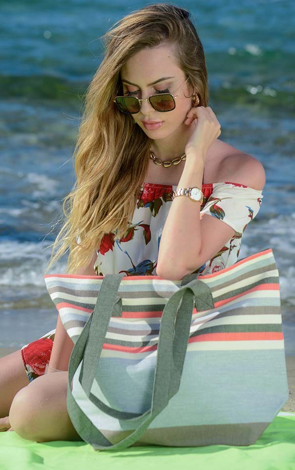 sac de plage 5 couleurs gris,rouge,blanc crème,vert forêt et café Fouta Tunisia - 2