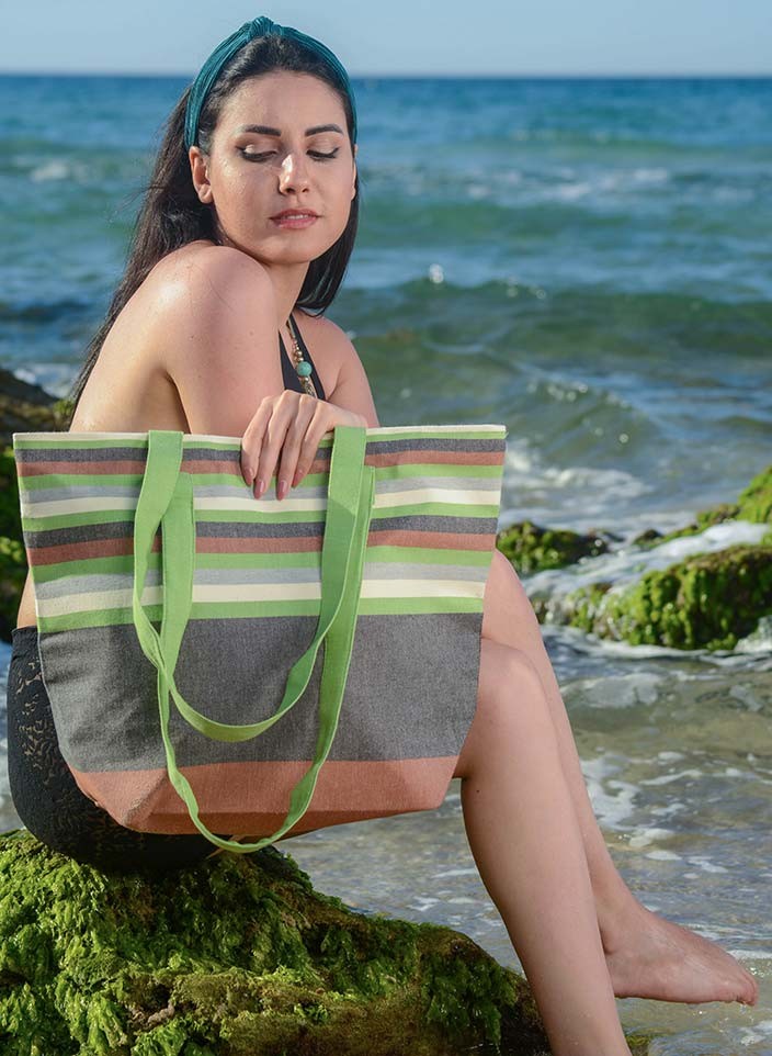 Sac senois,gris anthracite,vert amande,écru clair et gris Fouta Tunisia - 1