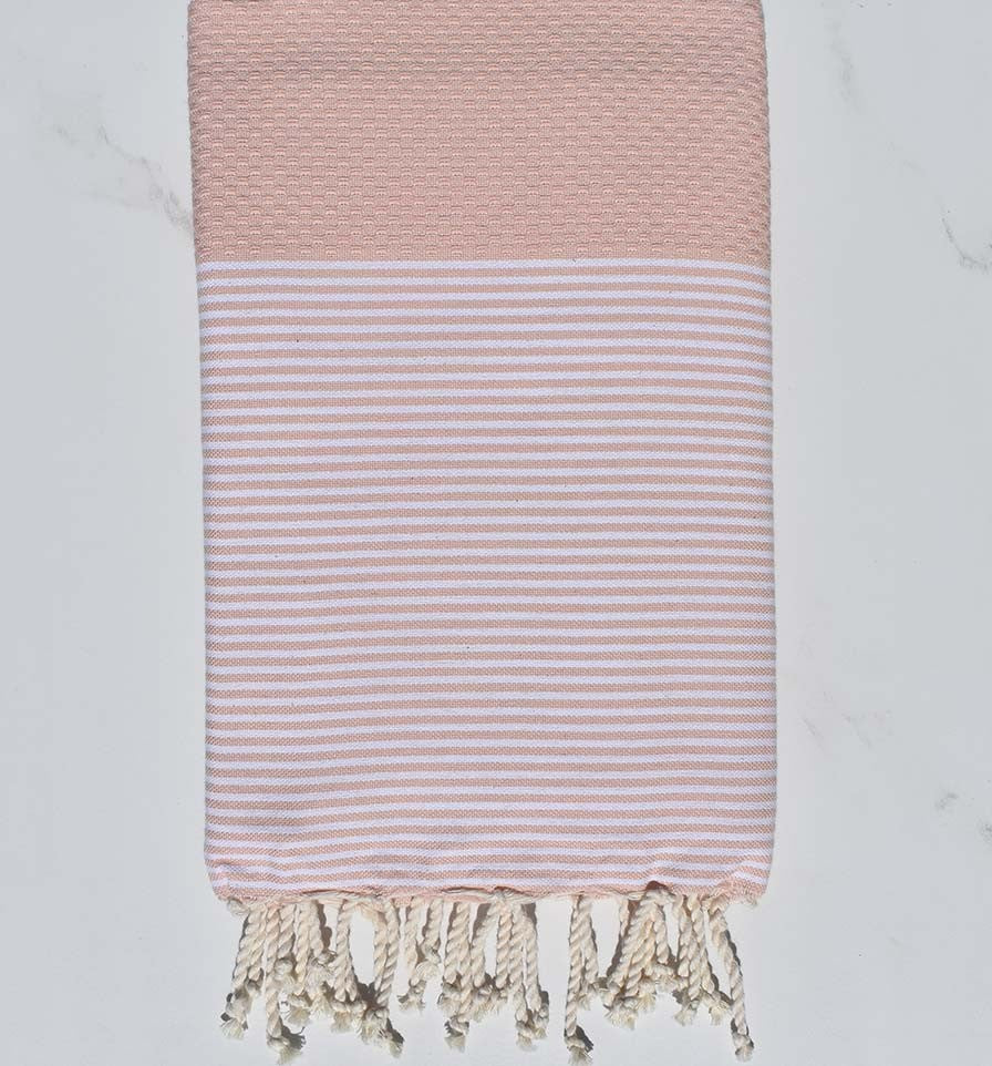 FOUTA NID D'ABEILLE Rose bisque rayée blanc Fouta Tunisia - 1