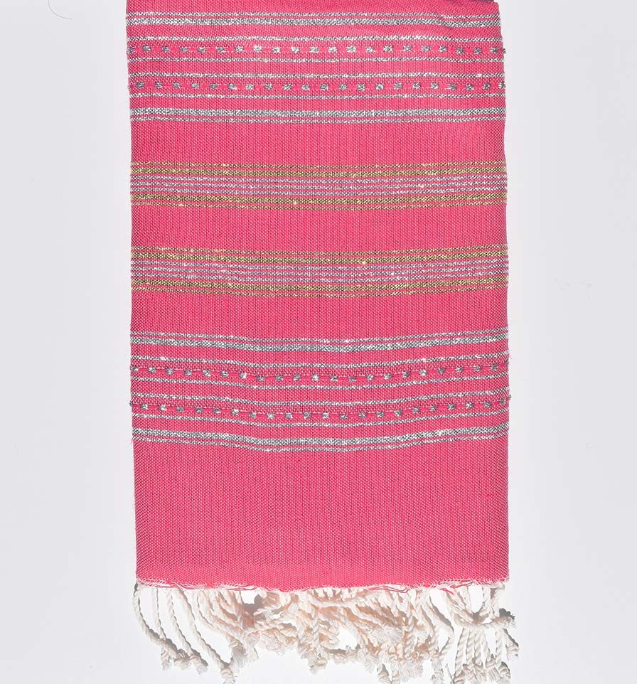 Serviette de plage rose fushia avec lurex argent et doré Fouta Tunisia - 2