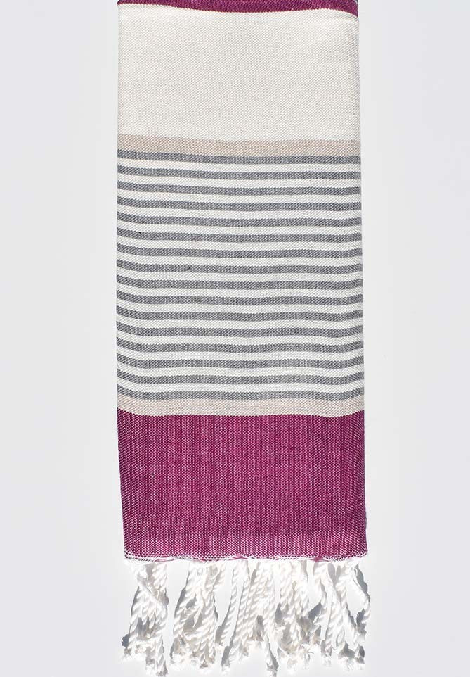 Fouta enfant blanc crème rayée prune, beige et gris Fouta Tunisia - 1
