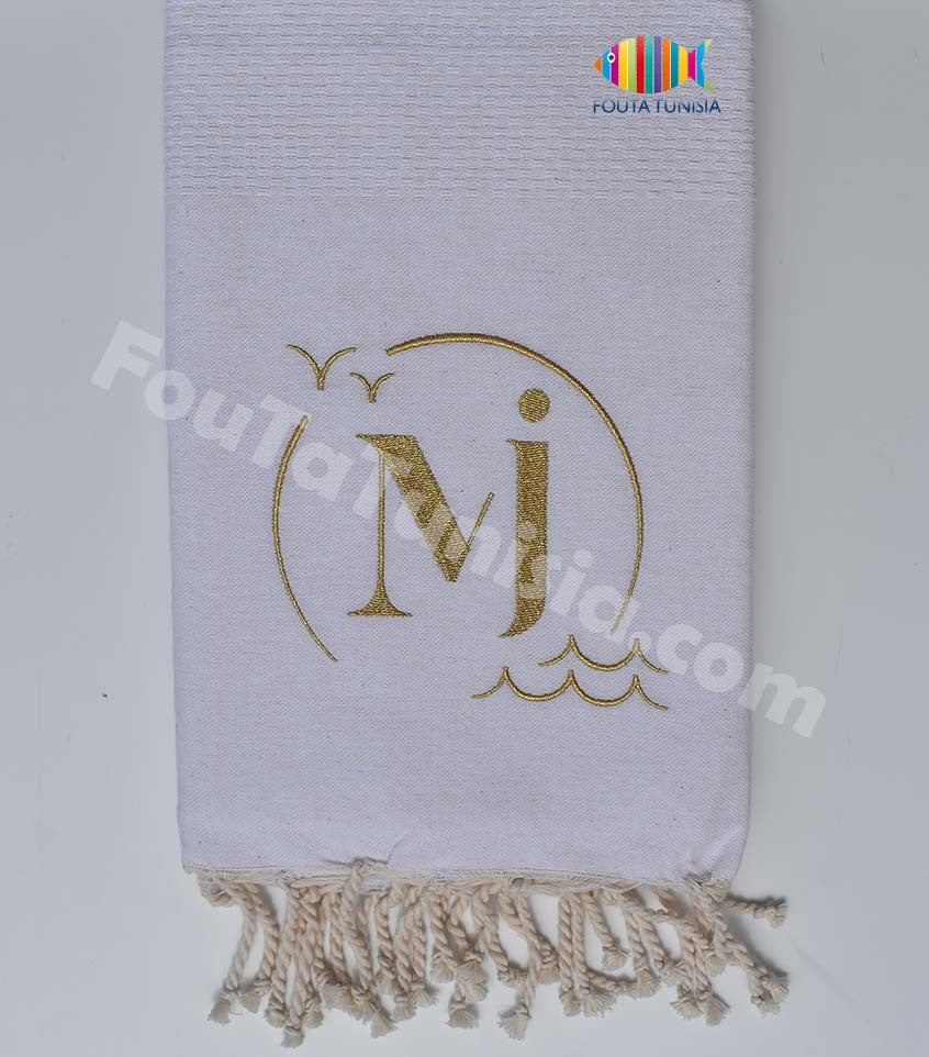 Fouta nid d'abeille unie brodée pour mariage Fouta Tunisia - 1
