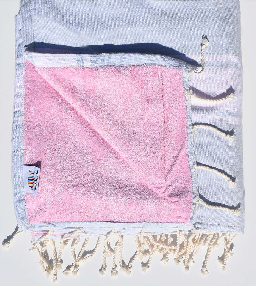 Serviette de plage doublée éponge bleu clair et rose Fouta Tunisia - 1