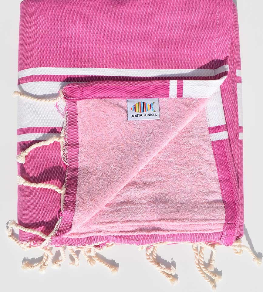 Serviette de plage doublée éponge rose violacé et rose clair Fouta Tunisia - 1