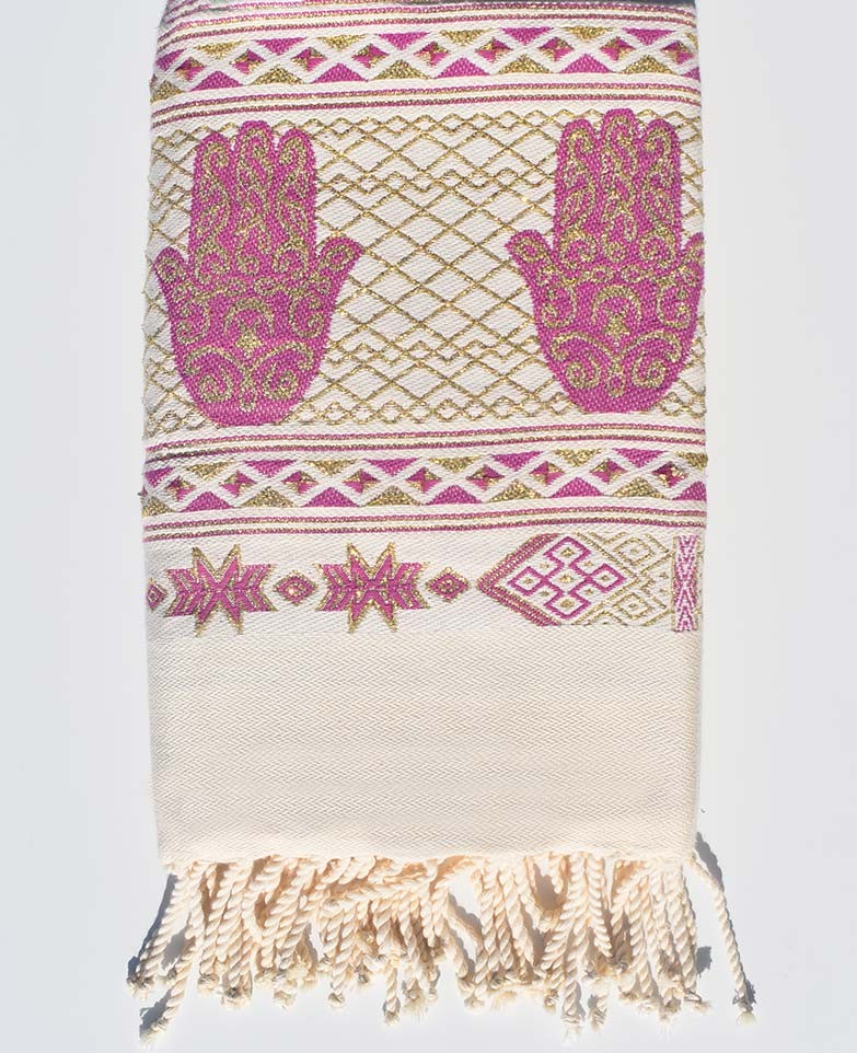 Fouta khomsa blanc crème et rose violet Fouta Tunisia - 1