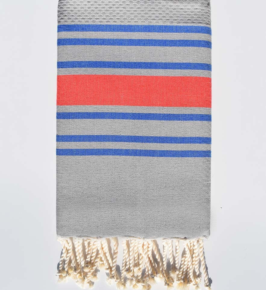 Fouta nid d'abeille gris rayée bleu et rouge anglais Fouta Tunisia - 1