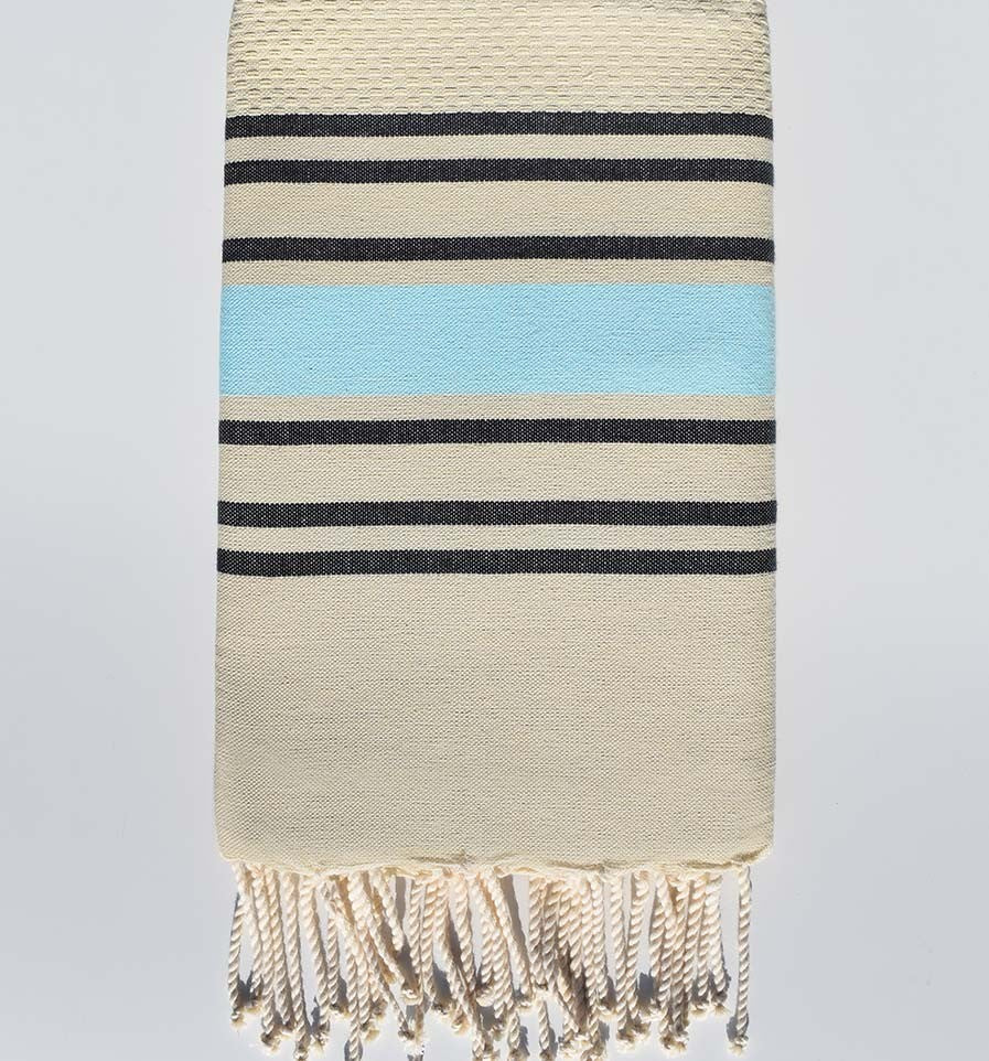 Fouta nid d'abeille beige sable rayée bleu clair et anthracite Fouta Tunisia - 1