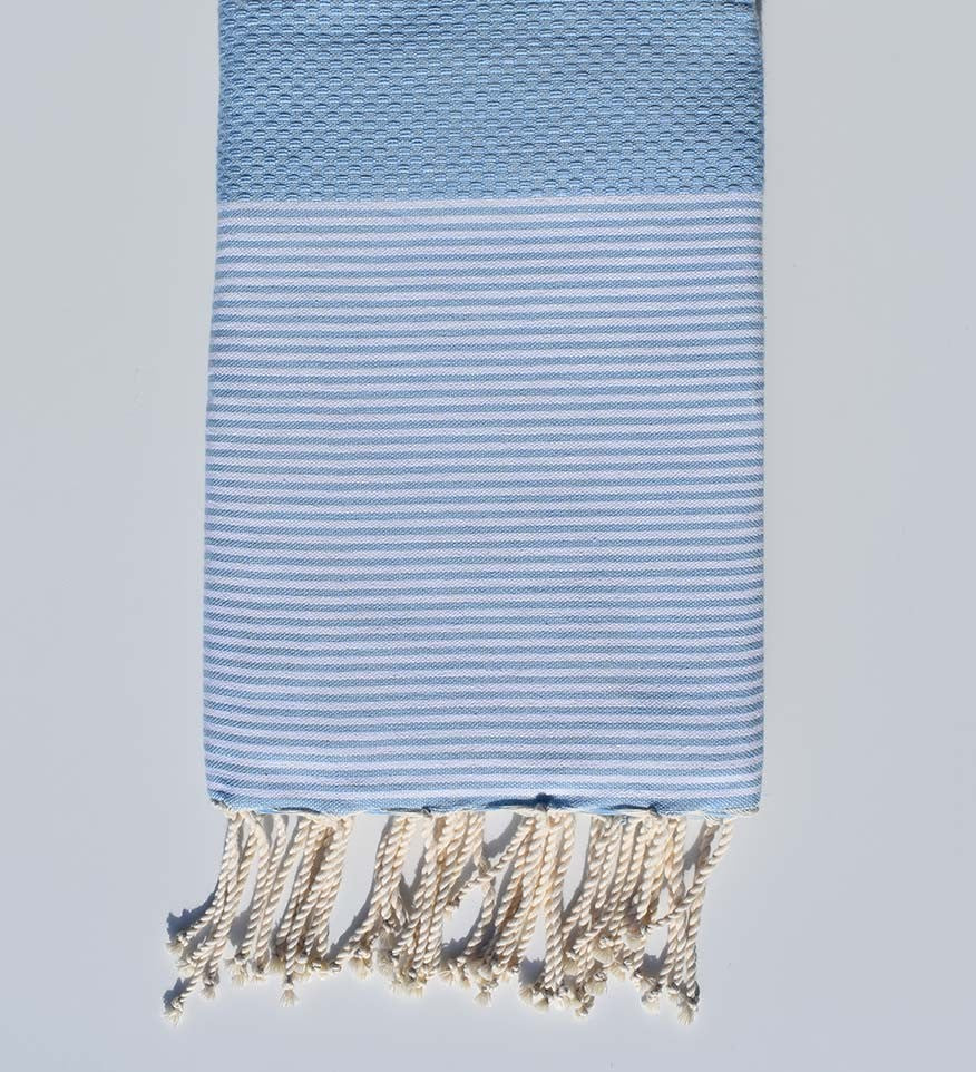FOUTA NID D'ABEILLE Bleu ciel clair rayée blanc Fouta Tunisia - 1