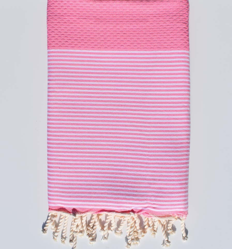 FOUTA NID D'ABEILLE Rose dragée rayée blanc Fouta Tunisia - 1