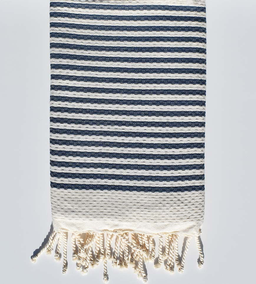 FOUTA nid d'abeille rayée 1 cm rayure bleu marine  - 1