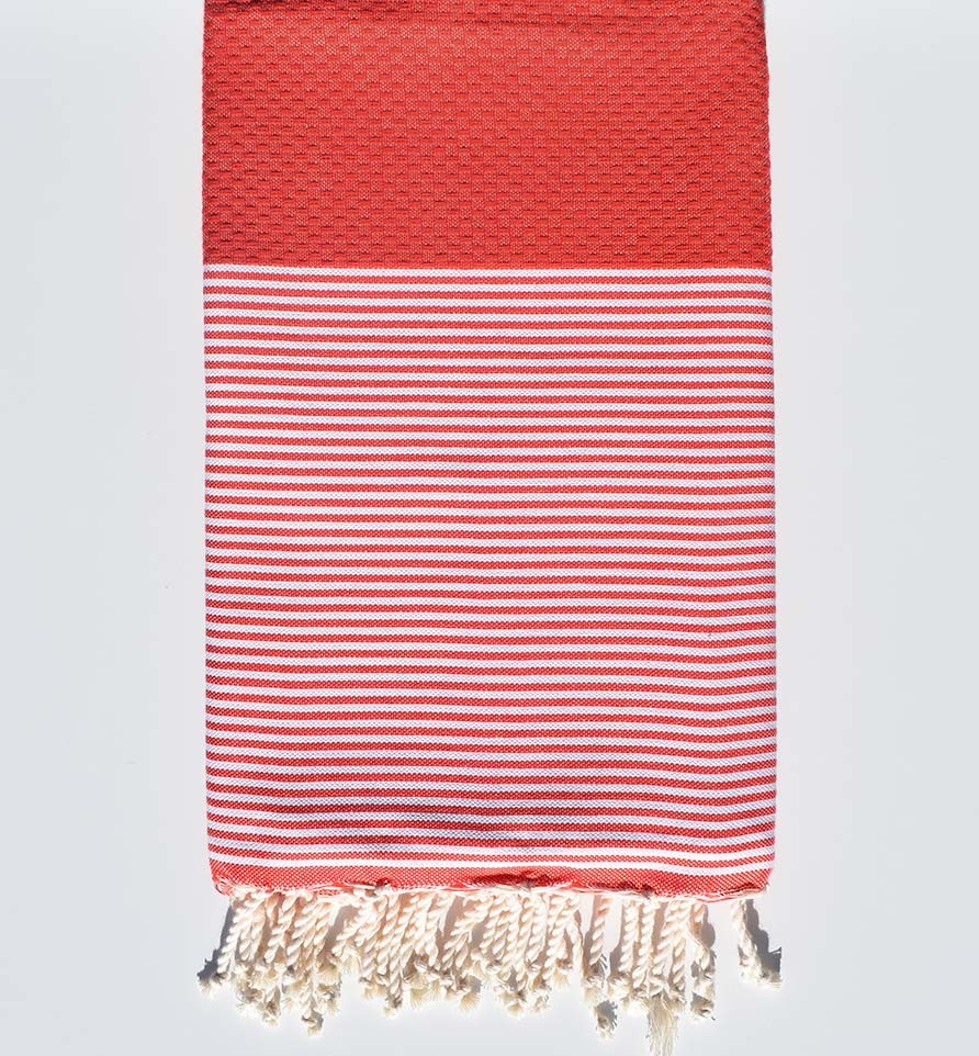 FOUTA NID D'ABEILLE rouge corail rayée blanc Fouta Tunisia - 1