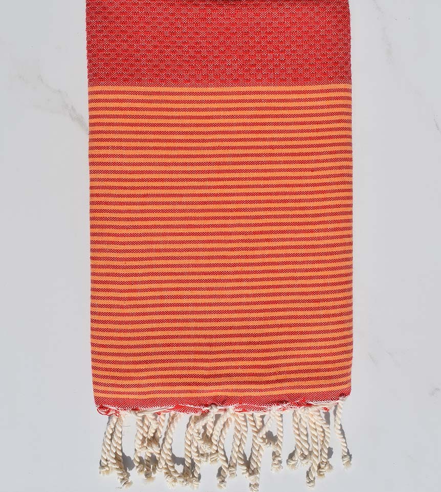 Fouta nid d'abeille rouge feu avec rayures Fouta Tunisia - 1