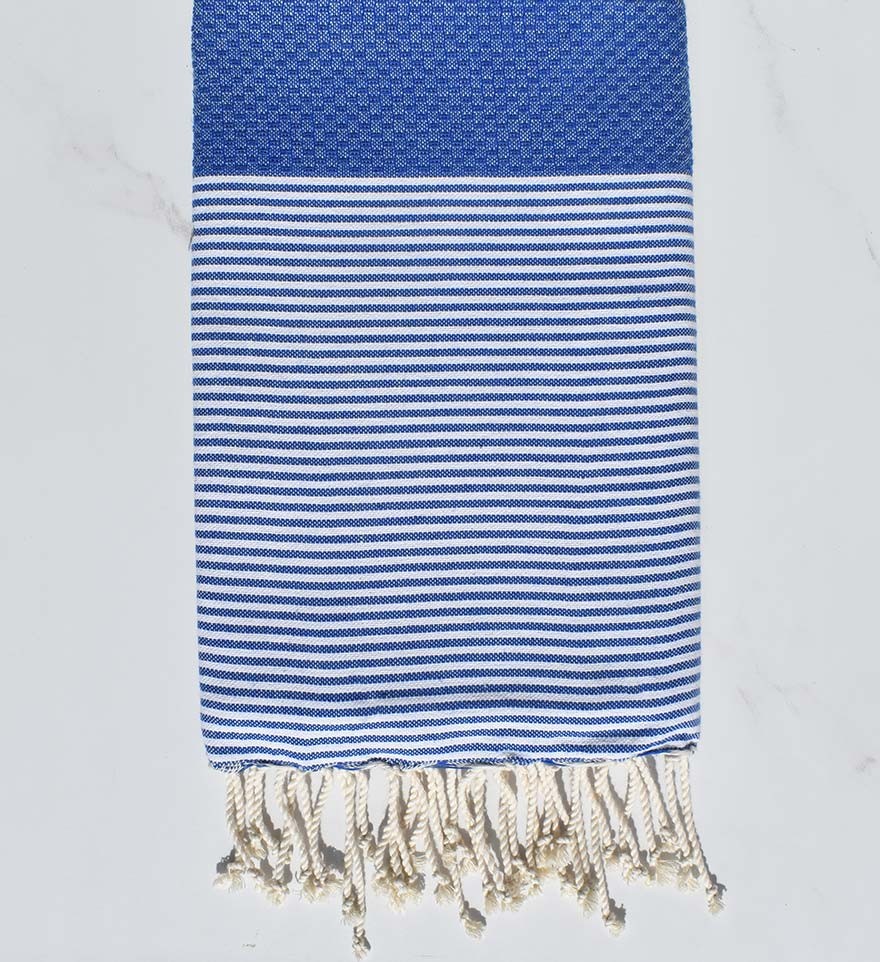 FOUTA NID D'ABEILLE bleu cérule rayée blanc Fouta Tunisia - 1