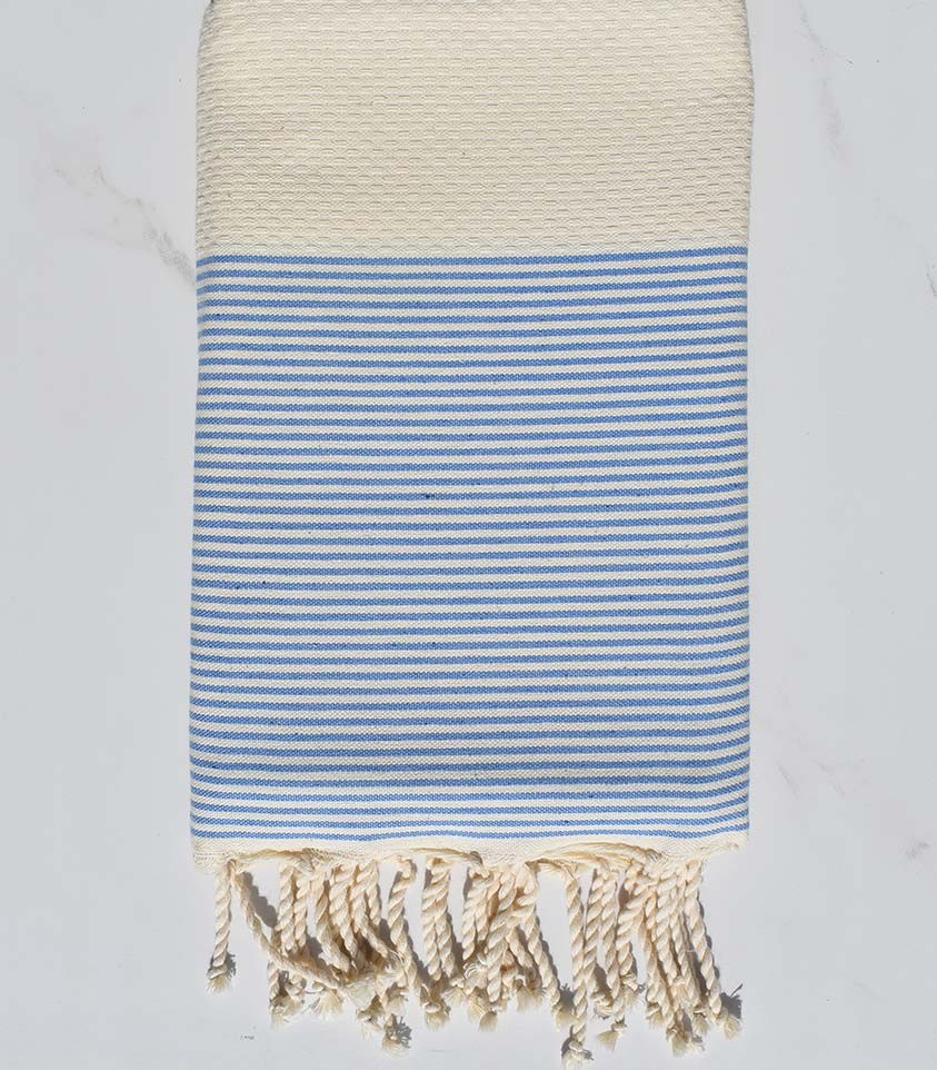 Fouta nid d'abeille beige clair rayée blanc et azur Fouta Tunisia - 1