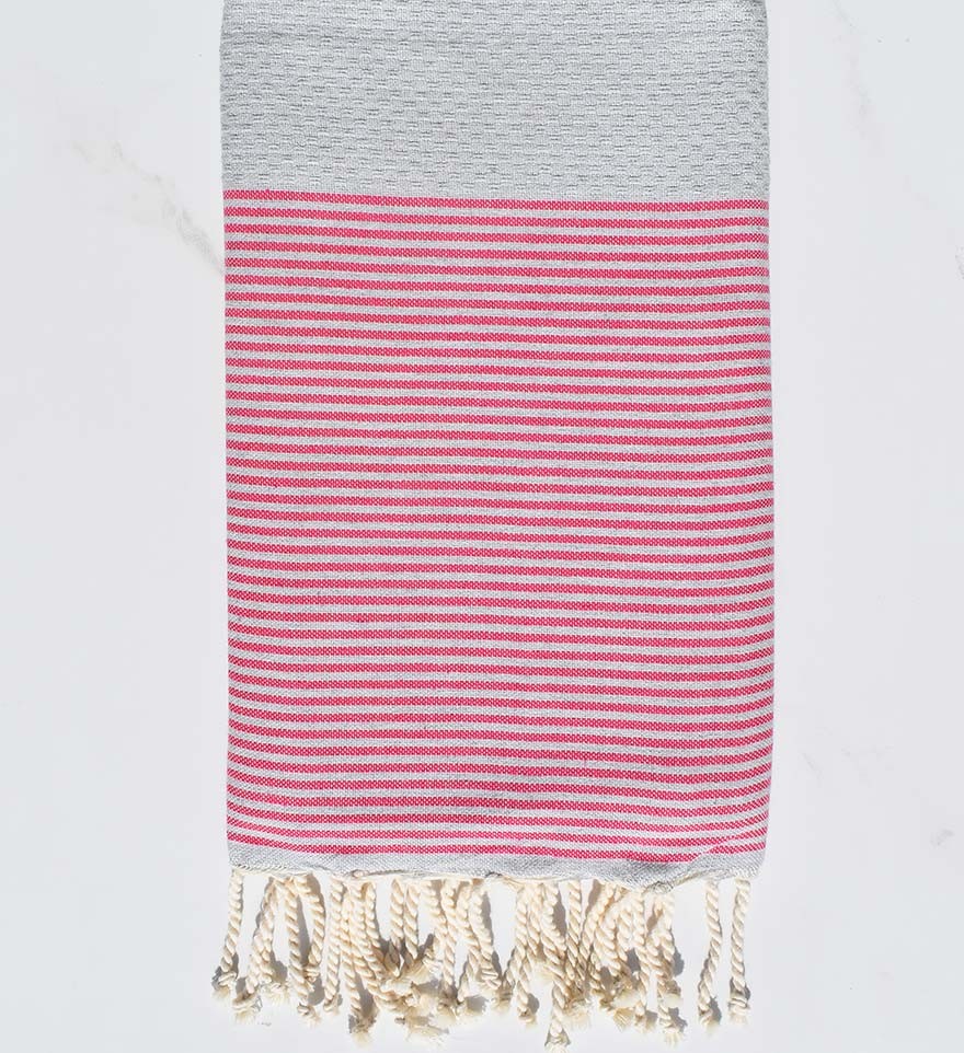 Fouta nid d'abeille gris clair rayée rose Fouta Tunisia - 1