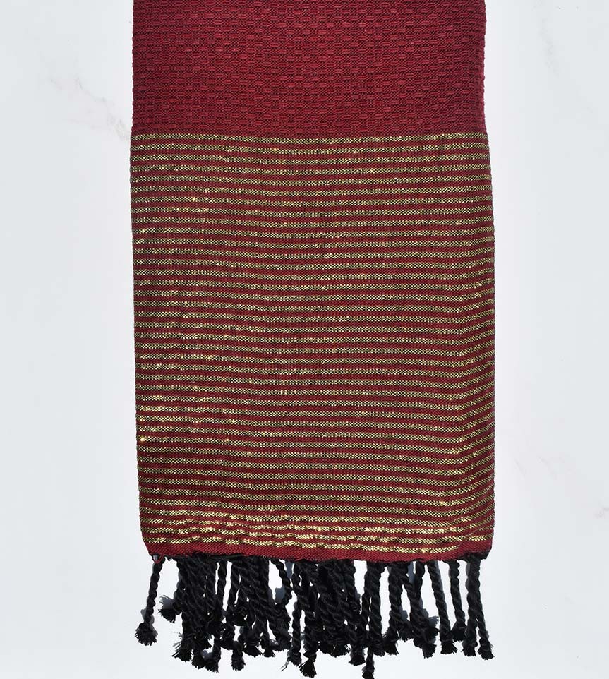 Fouta nid d'abeille rouge bordeaux avec lurex doré Fouta Tunisia - 1