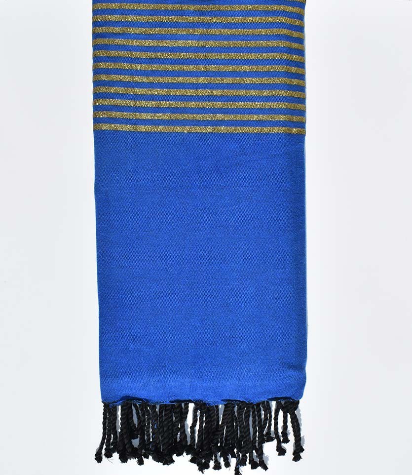 Grande Fouta Bleu rayée Lurex Doré Fouta Tunisia - 1