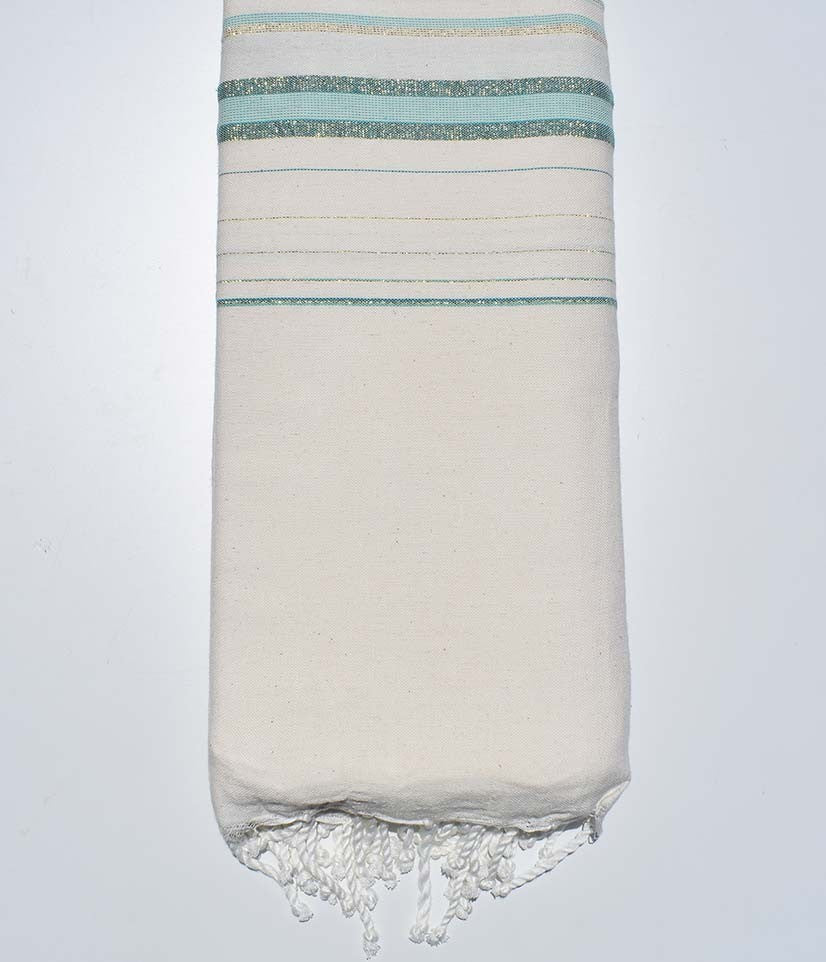 Jeté fadhila blanc crème clair, vert clair et canard avec lurex Fouta Tunisia - 2