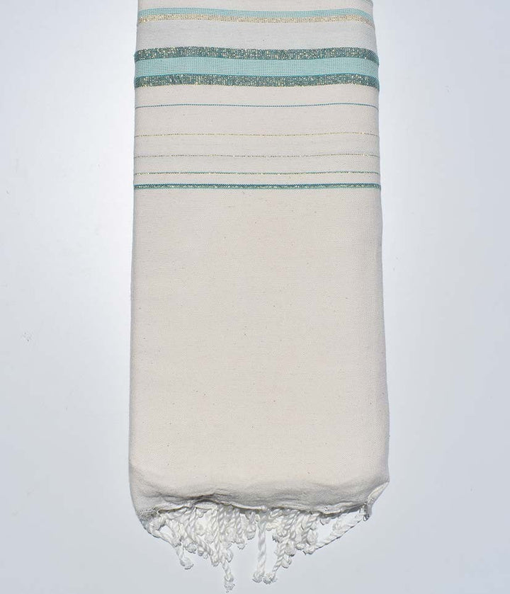 Jeté fadhila blanc crème clair, vert clair et canard avec lurex Fouta Tunisia - 2