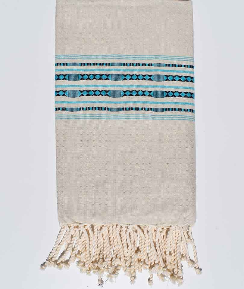 Fouta thalasso écru avec des motifs bleu azur Fouta Tunisia - 1