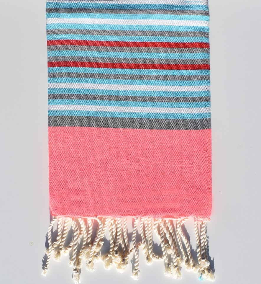 Fouta enfant rose fluo, bleu clair, gris, blanc et rouge  - 1
