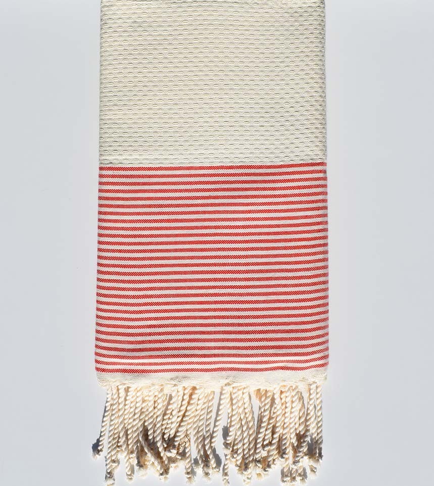 Fouta nid d'abeille blanc crème rayée rouge capucine Fouta Tunisia - 1