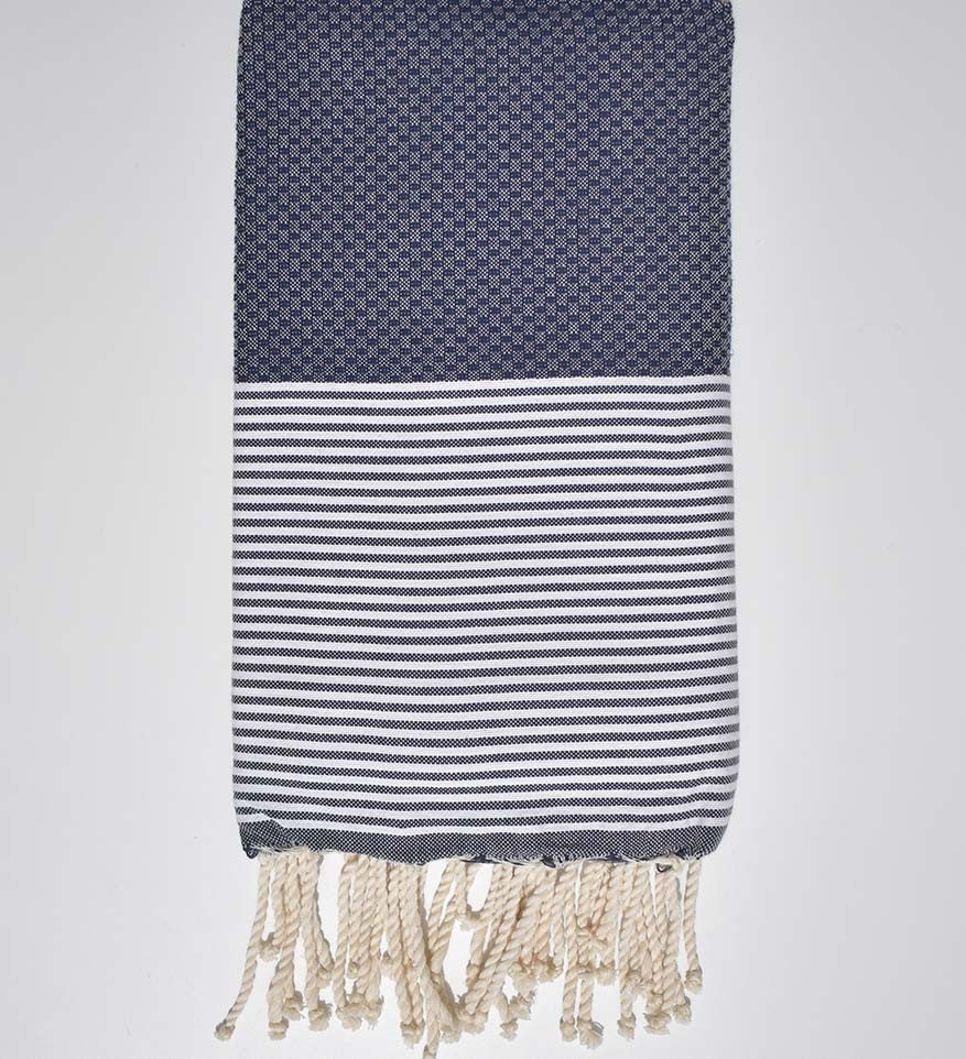 Fouta nid d'abeille bleu marine avec rayures  - 1