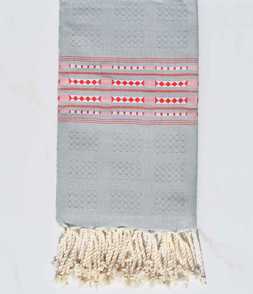 Fouta thalasso bleu gris avec  motifs rouge Fouta Tunisia - 1