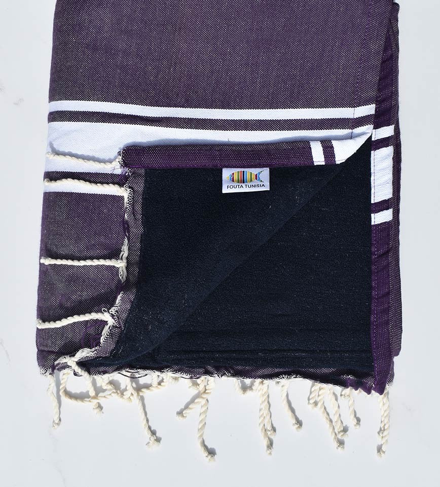 Serviette de plage doublée éponge violet foncé et bleu nuit Fouta Tunisia - 1