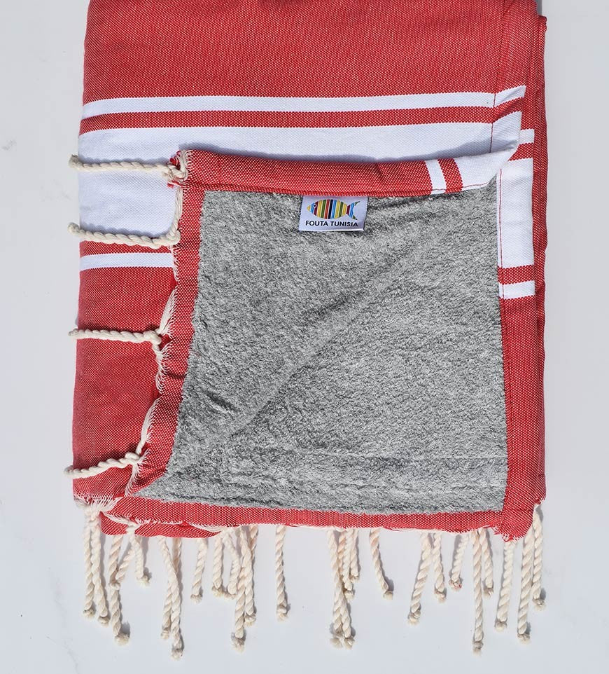 Serviette de plage doublée éponge rouge pale et gris Fouta Tunisia - 1