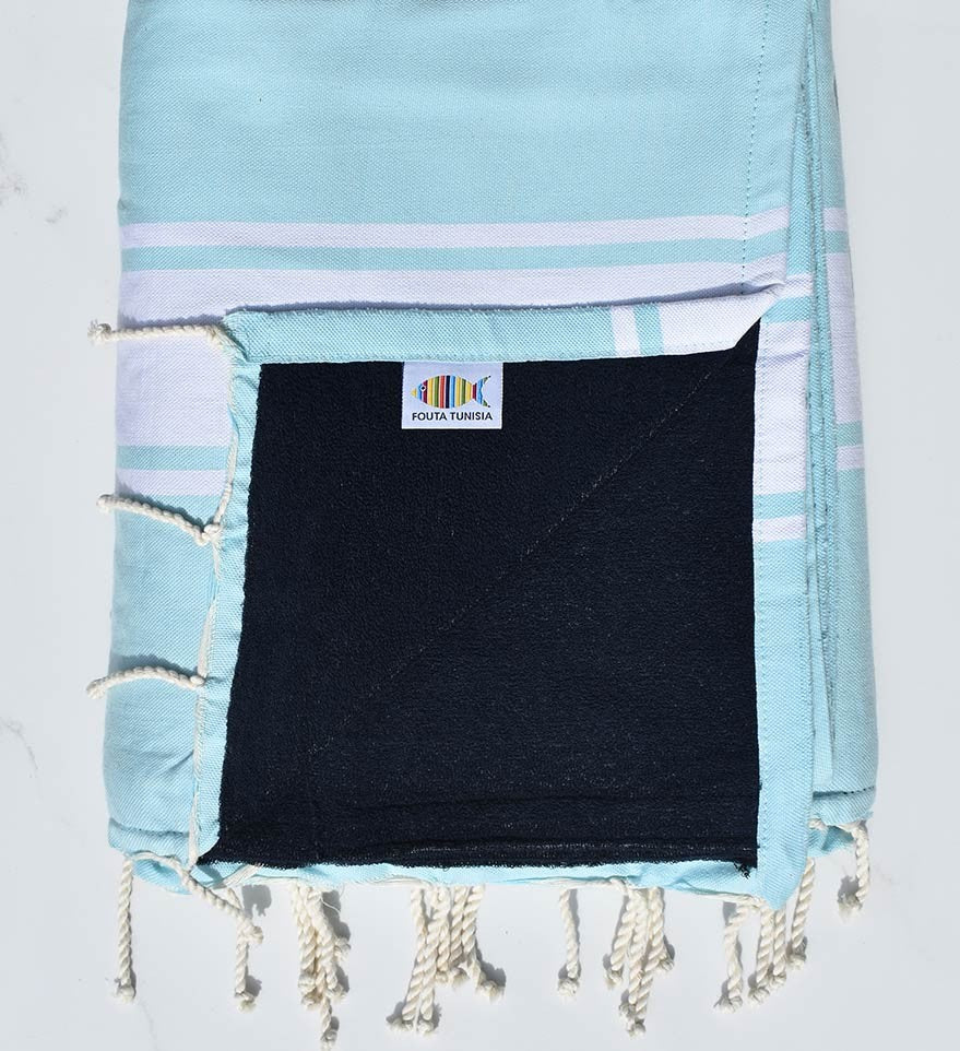 Fouta plate doublée éponge bleu clair et bleu nuit  - 1