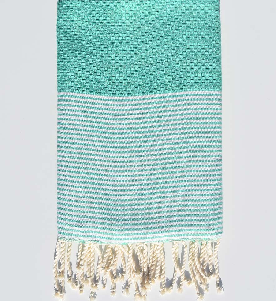 Fouta nid d'abeille vert menthe rayée blanc Fouta Tunisia - 1