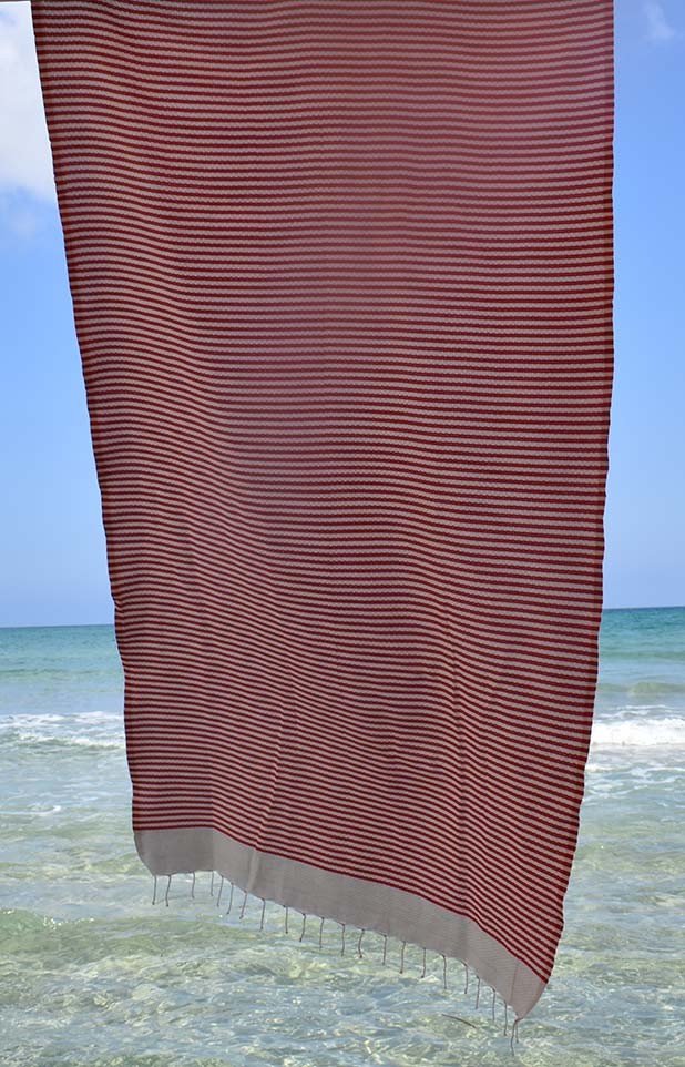 FOUTA nid d'abeille rayée 1 cm rayure rouge Fouta Tunisia - 1