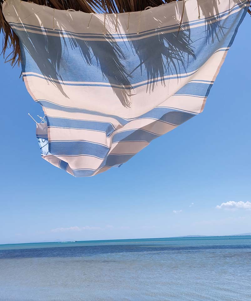 serviette de plage RAF-RAF  bleu bleuet et rose pastel pâle Fouta Tunisia - 2