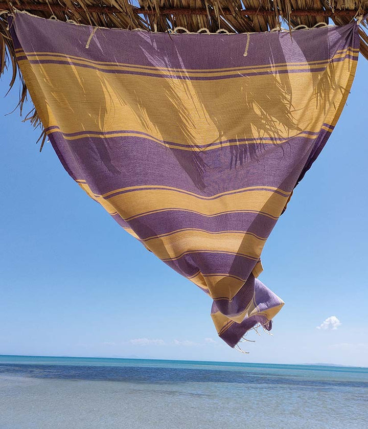 serviette de plage RAF-RAF ocre jaune et violet parme Fouta Tunisia - 2