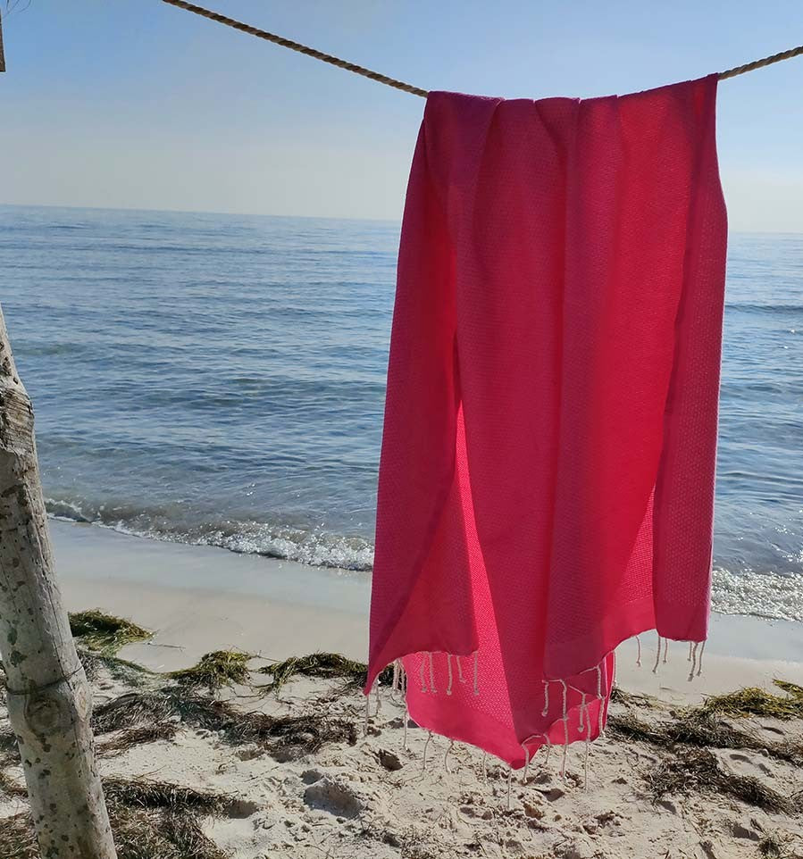 FOUTA nid d'abeille unie rose fushia Fouta Tunisia - 3