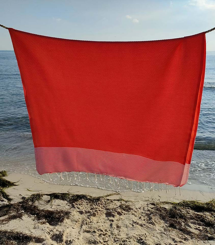 FOUTA NID D'ABEILLE rouge groseille rayée blanc Fouta Tunisia - 3