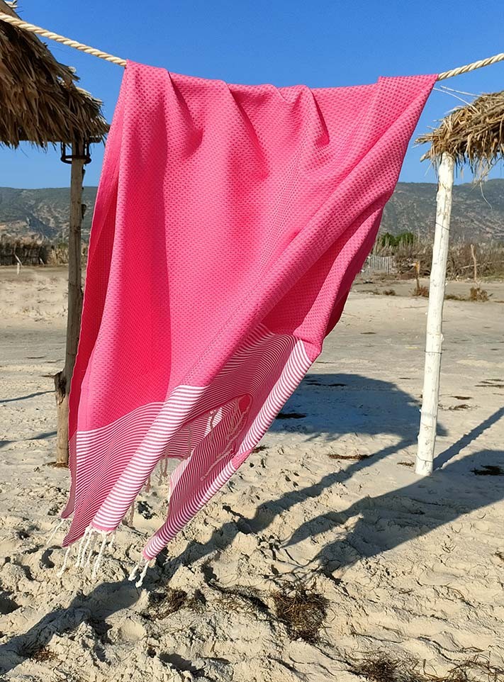 FOUTA NID D'ABEILLE Rose fraise rayée blanc Fouta Tunisia - 3