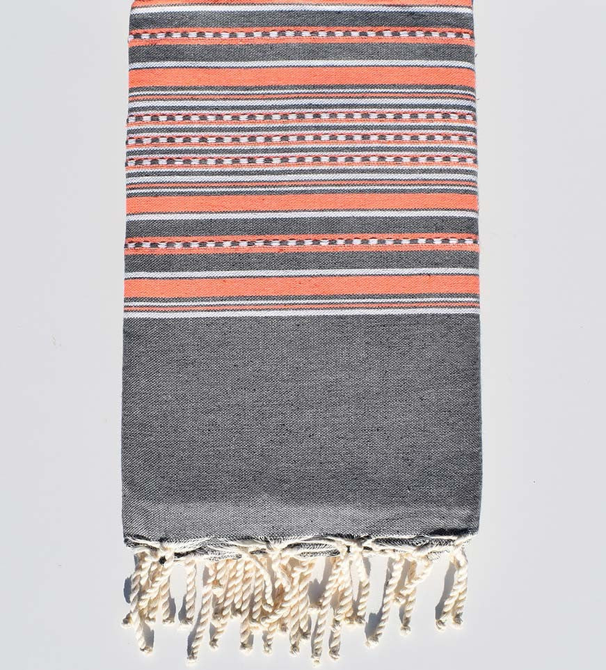Fouta arabesque gris avec rayures orange fluo Fouta Tunisia - 1