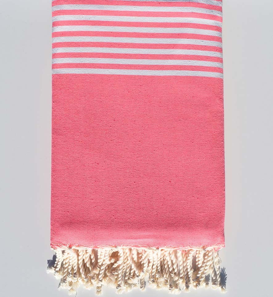 Jeté rose fluo rayée blanc Fouta Tunisia - 2