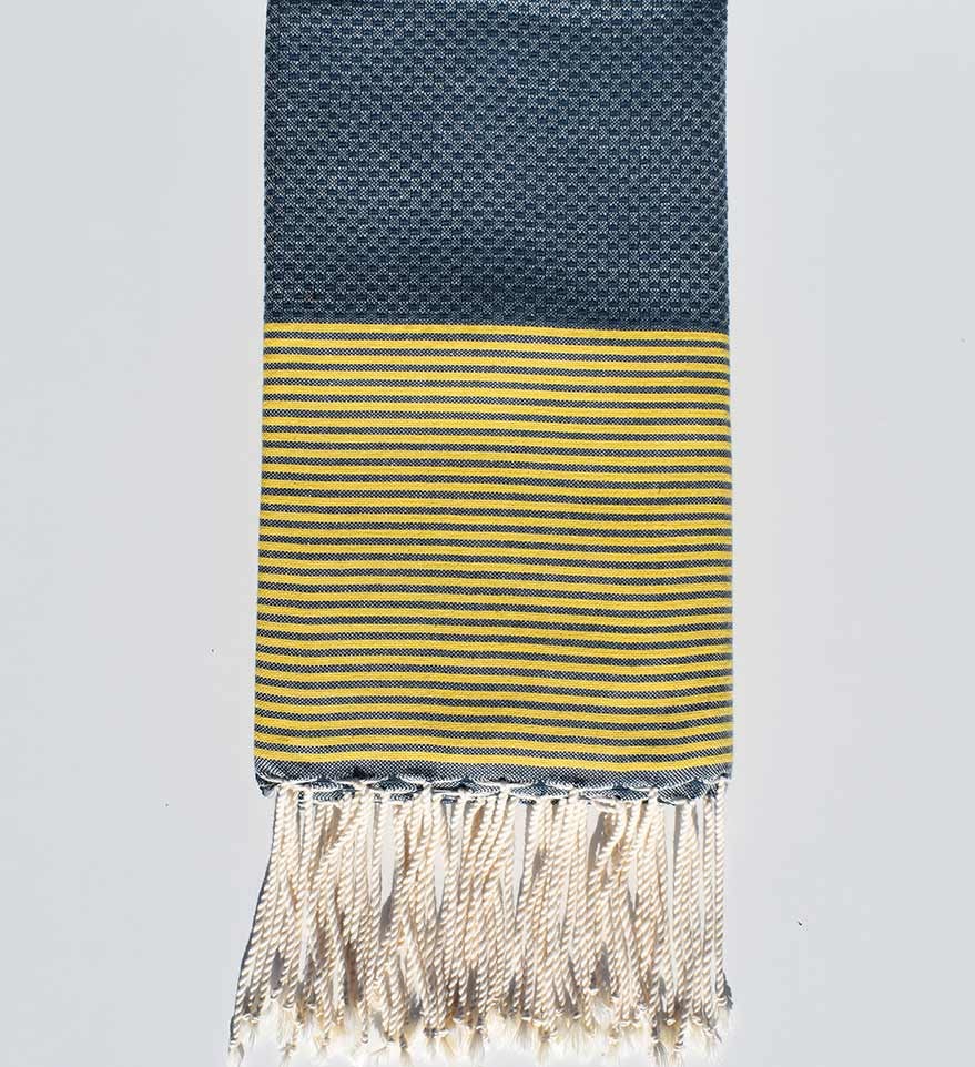 Fouta nid d'abeille bleu minéral rayée jaune Fouta Tunisia - 1