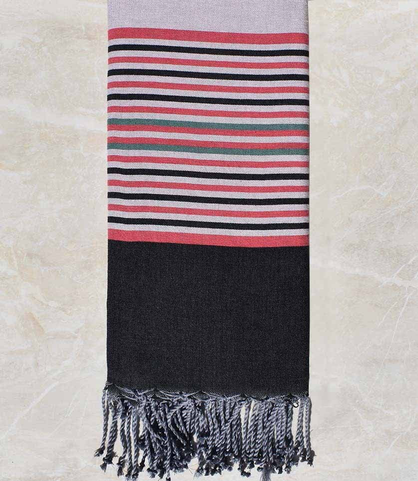 Jeté rose bébé avec rayures noir, vert et incarnat Fouta Tunisia - 1