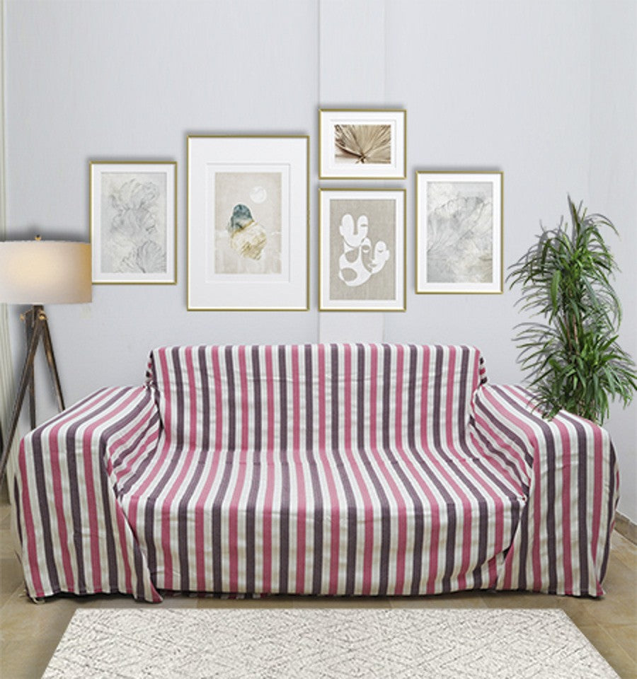 Jeté blanc écru, rose et violet aubergine Fouta Tunisia - 1