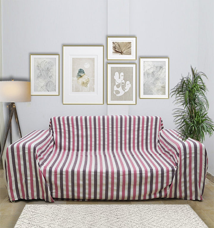 Jeté blanc écru, rose et violet aubergine Fouta Tunisia - 1