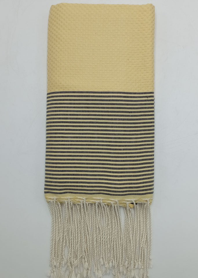 Fouta nid d'abeille jaune pâle rayée anthracite Fouta Tunisia - 1