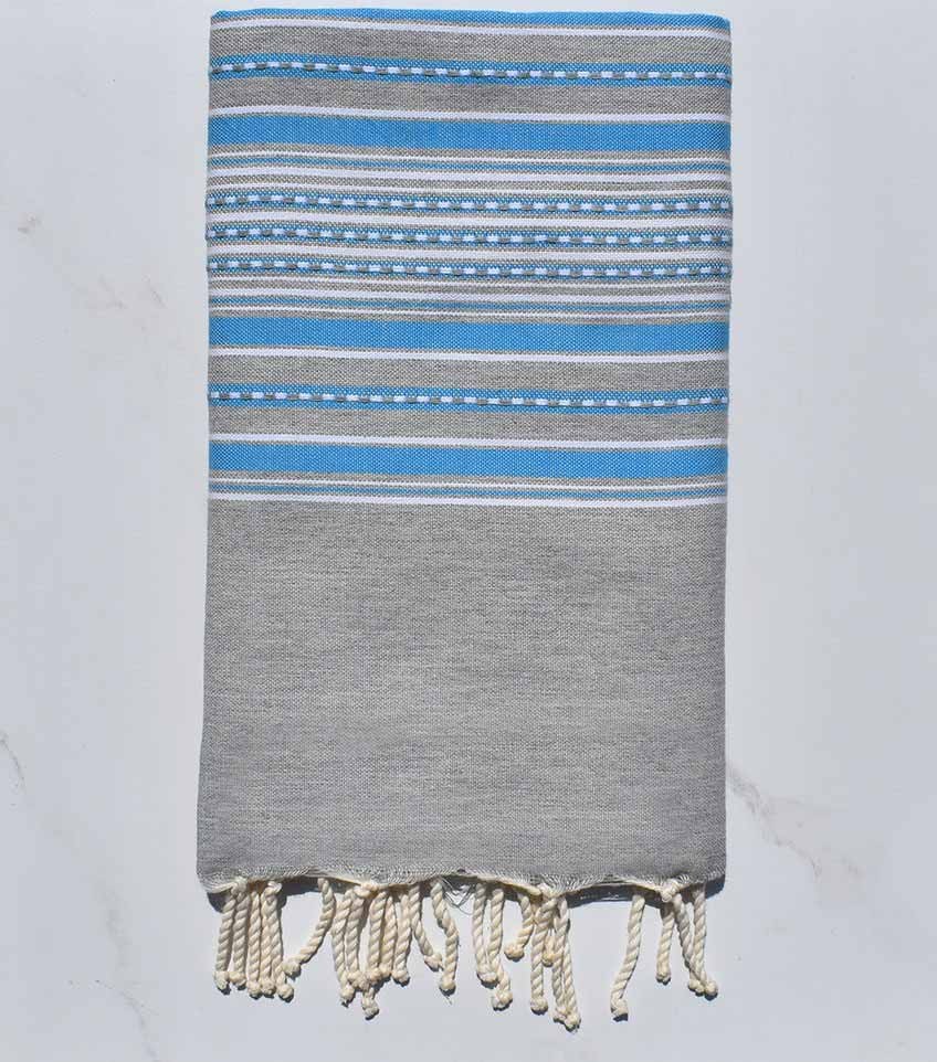 Fouta arabesque gris clair avec rayures bleu Fouta Tunisia - 1