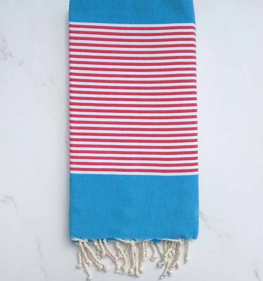 Fouta plate bleu azur rayée rouge et blanc  - 1