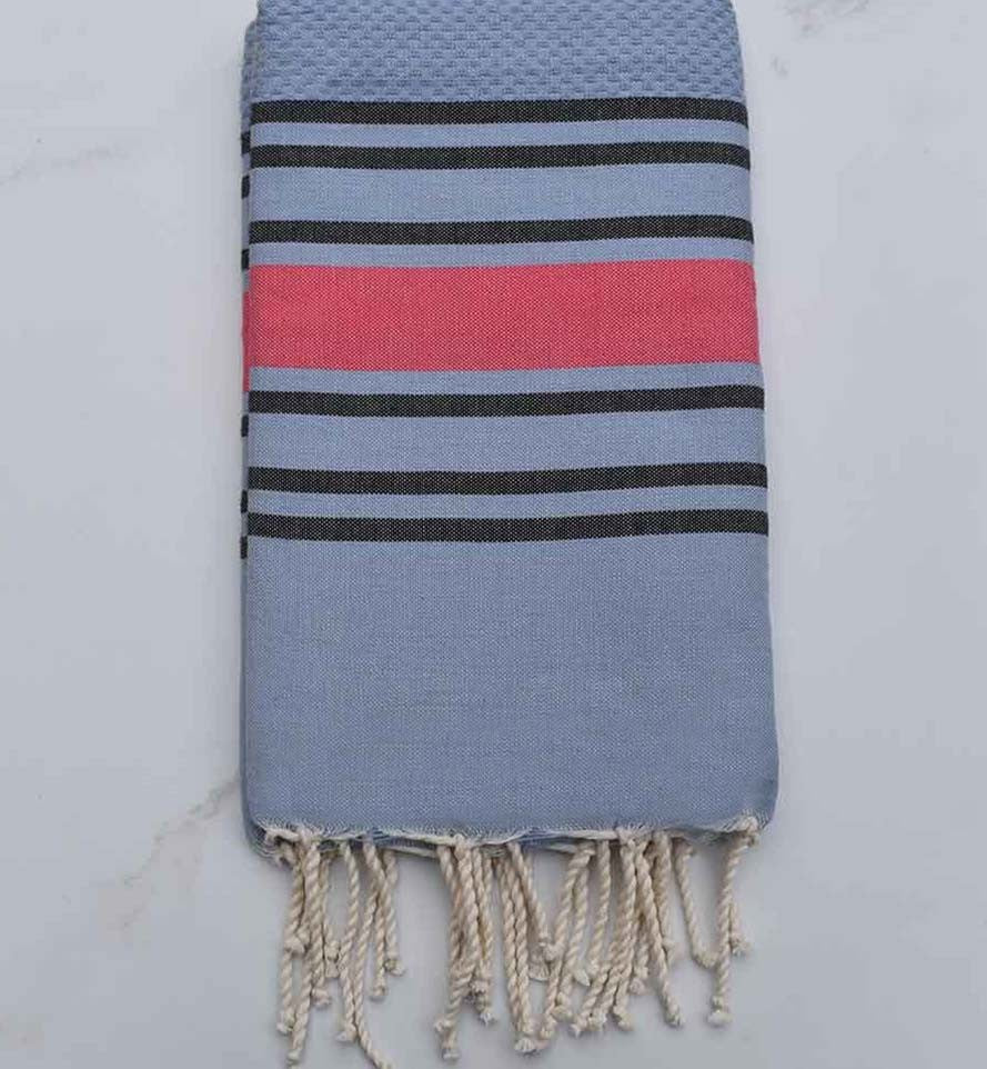 Fouta bleu charron rayée rose et noir Fouta Tunisia - 1